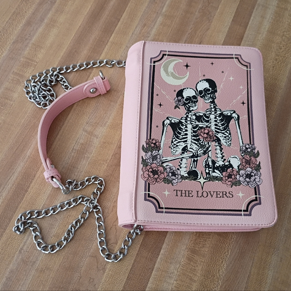 SOLD!Adorable Skeleton Tarot Celestial Floral Barbiecore Book Purse "The Lovers"